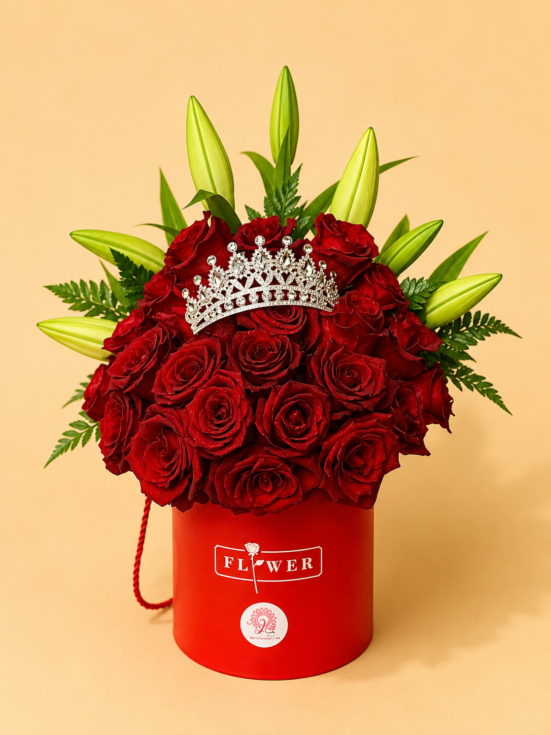 Caja de Rosas y Liliun con Corona